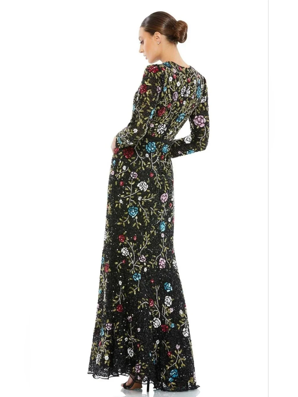 Mac Duggal Black Floral Embroidered Long-Sleeve Evening Gown